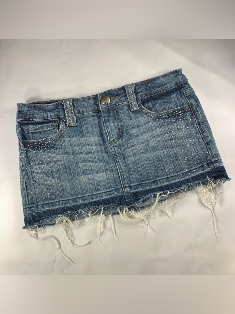 Y2K Papaya Rhinestone Denim Mini Skirt Size M Low Rise Distressed